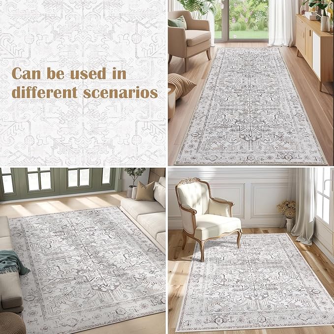 jinchan Lima 5x7 Machine Washable Area Rugs - Vintage Floral Stain Resistant Low Pile Ultra-Thin Non Slip Accent Rug for Bedroom Living Room Kitchen Dining Room Entryway (5x7ft, Taupe)
