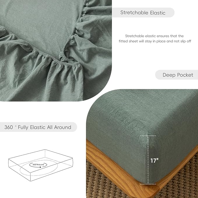 MooMee Fitted Bottom Sheet Only 100% Washed Cotton Linen Like Textured Breathable Durable Soft Comfy Deep Pocket Fits Mattress up to 17" (Heathered Green, Twin)