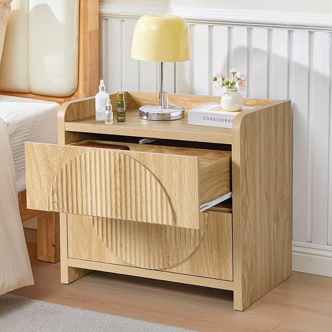 Turtle&Myrtle 24 Inch Wide Fluted Nightstands, Large Night Stand with 2 Drawers, Mid Century Modern Bedside Table End Table with Storage for Bedroom Living Room Office (Natural)