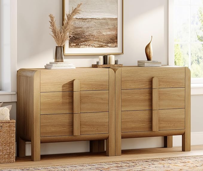 WAMPAT 6 Drawer Dresser for Bedroom,2 in 1 63" Wide Mid Century Modern Wide Chest of Drawer, Wood Tall Nightstand with Curved Edge Handles, Closet Dresser TV Stand for Bedroom, Light Walnut