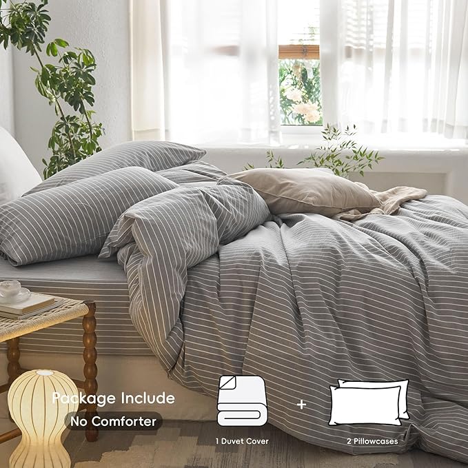 MooMee Striped Duvet Cover Set 100% Washed Cotton Linen Like Textured Breathable Durable Soft Comfy (Light Grey White Wide Stripes, Full 80"x90")