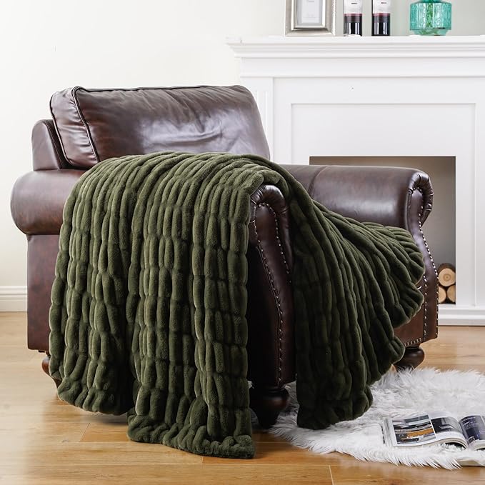 BATTILO HOME Olive Green Faux Fur Throw Blanket for Bed, Double Side Reversible Ruched Faux Rabbit Fur Throw for Couch, Bed, Super Soft Blanket Cozy Warm Mink Blanket, 50"x60"