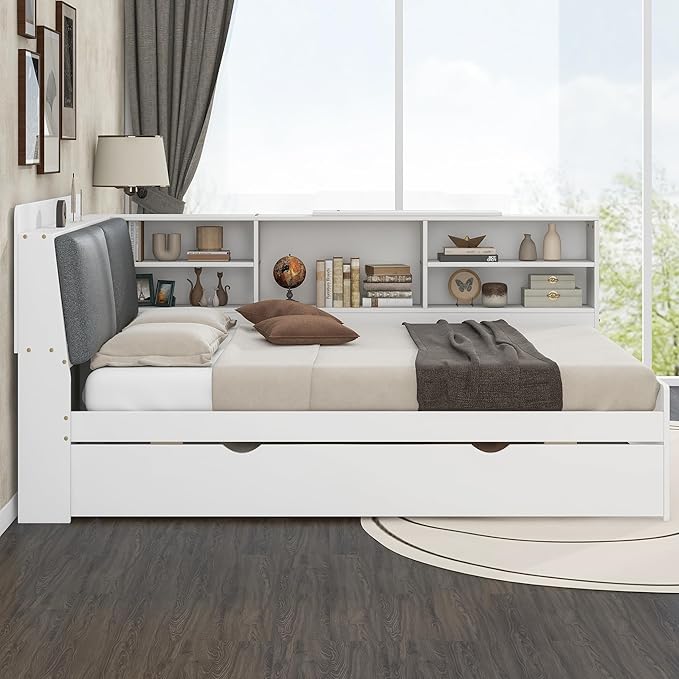 Ball & Cast Full Size Wooden Storage Daybed Frame, Modern Platform Bed with Trundle & Flip Headboard & Shelves, L Shaped Full Floor-Bed w/Upholstered Headboard&Storage, No Box Spring Needed, White