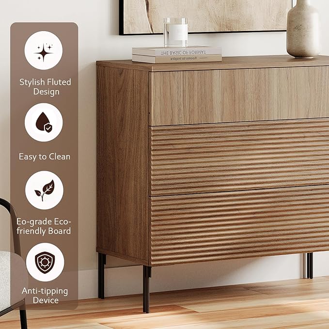 WAMPAT 31.5" W Fluted Dresser for Bedroom, Modern 3 Drawer Dresser TV Stand with Hidden Handles, Wooden Chest of Drawers Closet Clothes Storage Organizer for Bedroom, Living Room, Light Walnut