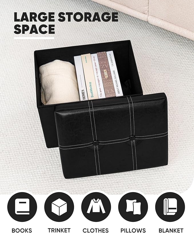 B FSOBEIIALEO Folding Storage Ottoman Cube, Faux Leather Footrest Seat Coffee Table, Black 16.5"x12.6"x12.6"