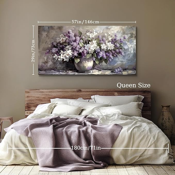 SERIMINO Large Wall Art for Living Room, Still Life Flowers Canvas Prints, Purple Floral Botanical Decor Paintings, Modern Aesthetic Pictures Wall Decor, Farmhouse Kitchen Artwork 29"X57"
