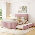Full Bed Frame with Trundle Bed,Velvet Upholstered Platform Bed Frame,Full Size Trundle Bed with Headboard for Kids Teens Adults(Pink)