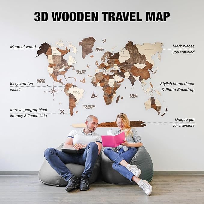 Handmade 3D Wood World Map Wall Art Large Wall Decor Track Your World Travels - Special for Home, Kitchen and Office (Medium, Multicolor)