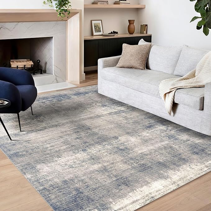 vivorug 9x12 Area Rugs for Living Room, Non Slip Machine Washable Modern Abstract Rug, Ultra-Thin Lightweight Large Area Rug for Bedroom, Dining Room, Low Pile Grey/Navy