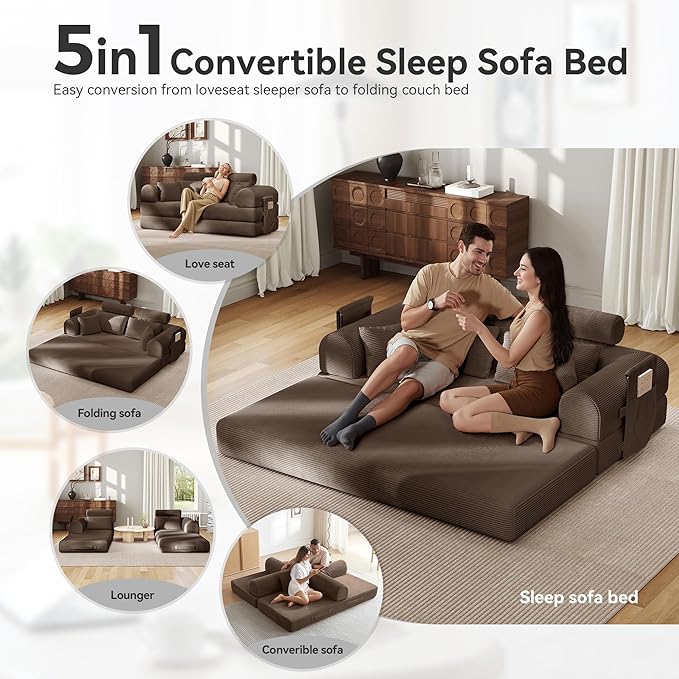 Upgrade High Backrest Design Sofa Bed with Fixed-Shape Frame & Removable Armrests and Backrest, Corduroy Fabric, Convertible Mattress Couch for Small Spaces - No Assembly Needed (High Backrest Brown)