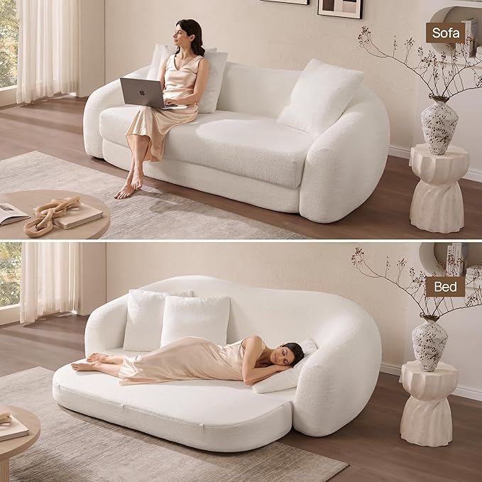 SICOTAS Curved Sofa Couch Bed for Living Room Convertible Futon Cloud Boneless Sleeper Chair Pull Out Floor Couch with Deep Seat Sofa Set Foam No Assembly Required for Bedroom Apartment Office, White