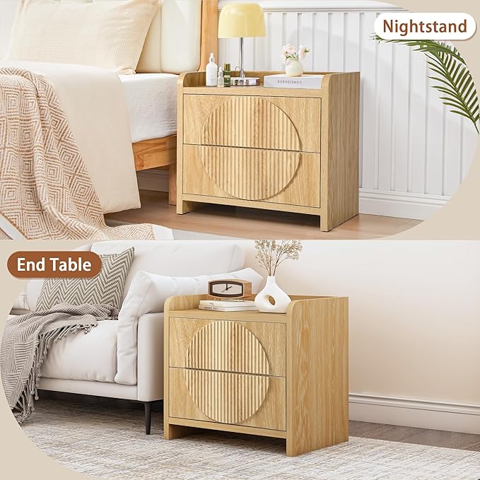 Turtle&Myrtle 24 Inch Wide Fluted Nightstands Set of 2, Large Night Stand with 2 Drawers, Mid Century Modern Bedside Table End Table with Storage for Bedroom Living Room Office (Natural)