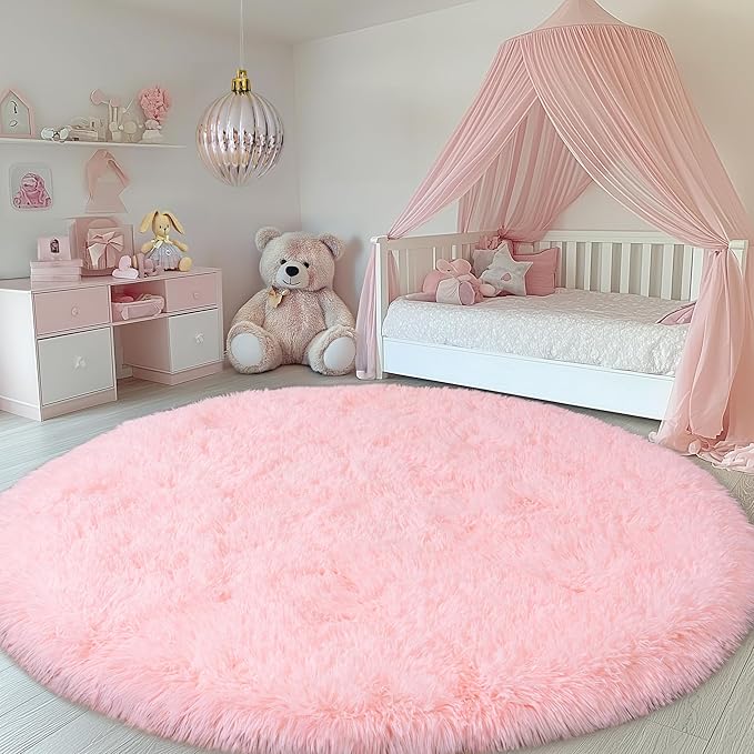 Round Pink Rug for Bedroom, 6 ft Circle Area Rugs for Living Room, Soft Fluffy Shag Carpet for Girls Teen Nursery Room Dorm Home Decor Aesthetic