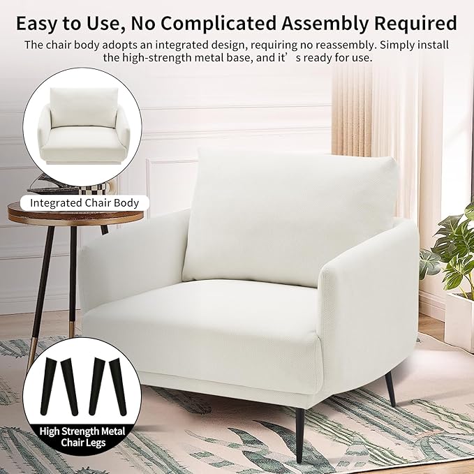 Oversized Accent Chair for Living Room Cozy Reading Chairs Mid-Century Modern Accent Chairs Armchair with Metal Legs Single Sofa Chair for Home Office (Set-of-2, Polyester Fabric- Pearly White)