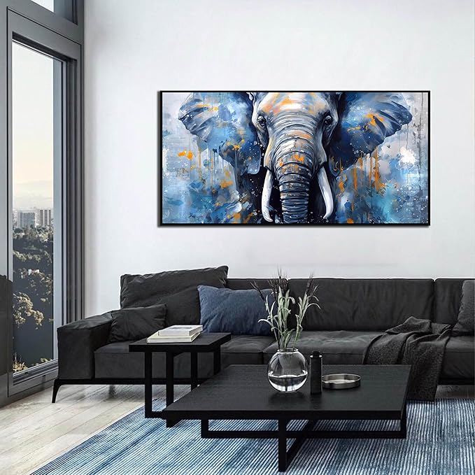Elephant Wall Art for Living Room, Animal Canvas Wall-Decor for Bedroom, Blue Picture Print, Large Size 59x29 Inches Framed