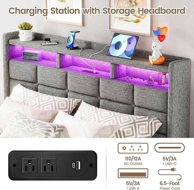 Lift Up Full Size Bed Frame with Storage, Upholstered Full Bed Frame with LED Lights Headboard and Charging Station, No Box Spring Needed, Easy Assembly - Light Grey