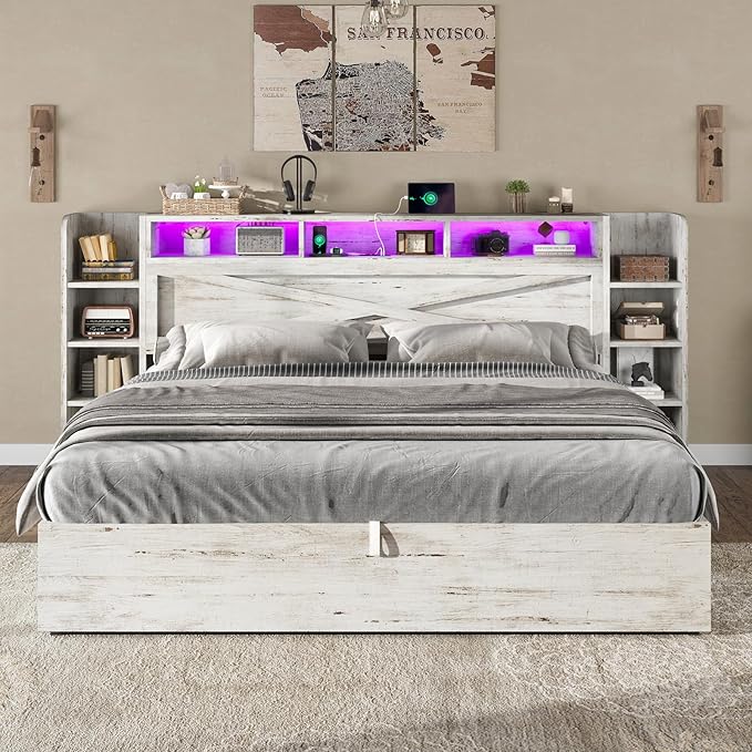 AMERLIFE King Size Lift Up Storage Bed Frame, 45.1" LED Bed Frame with 2 Side Shelves & Bookcase Headboard, Farmhouse Wood Platform Bed with Charging Station, No Box Spring Needed, Distressed White