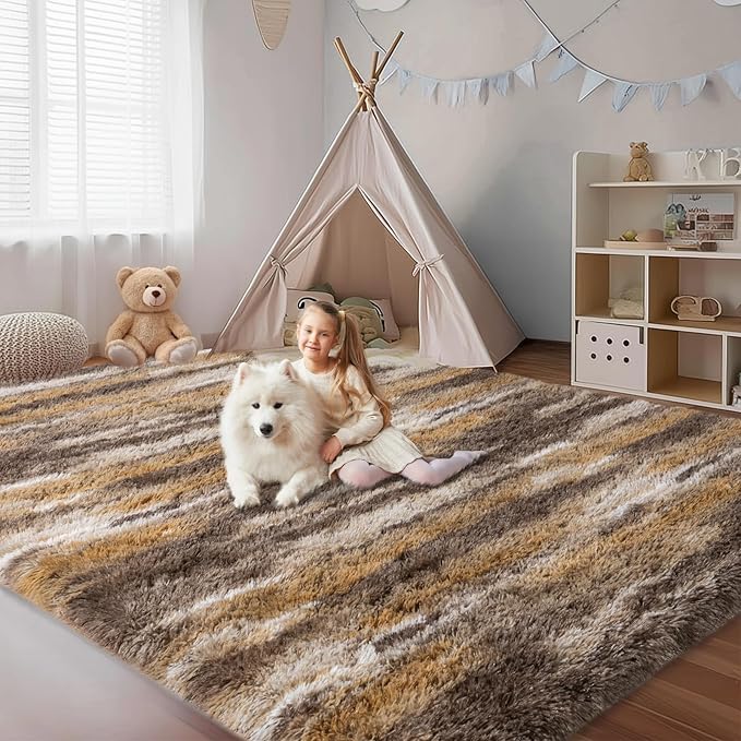 Fluffy Rugs for Bedroom Living Room, 4x6 Feet Abstract Brown Shag Area Rugs, Non-Slip Indoor Modern Fuzzy Plush Floor Carpet for Dorm Nursery Kids Room Decor, Soft Shaggy Throw Rug