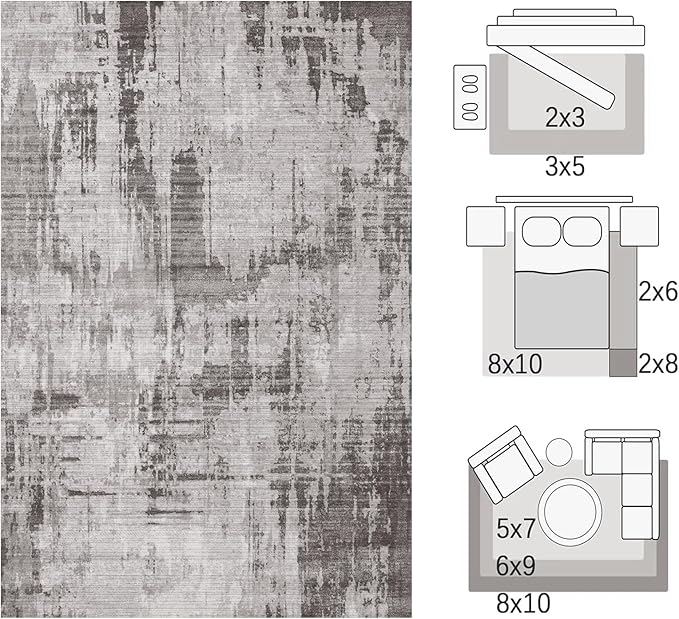 Machine Washable Area Rugs 8x10, Large Modern Abstract Rugs for Living Room Grey Indoor Floor Non-Shedding Carpets for Bedroom Dining Farmhouse Home Office | Grey