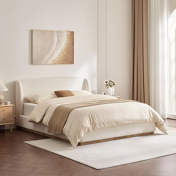 CHITA Queen Size Bed Frame, Upholstered Platform Bed with Wingback Headboard, Wooden Slats Support, Noise-Free, No Box Spring Needed, Cream