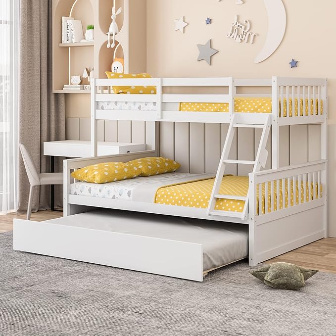 Giantex Twin Over Full Bunk Bed with Trundle, Convertible Platform Bed Frame with Ladder, Solid Wood Frame & Safety High Guardrails, Space-Saving Bunk Bed for Teens & Kids, No Box Spring Needed, White