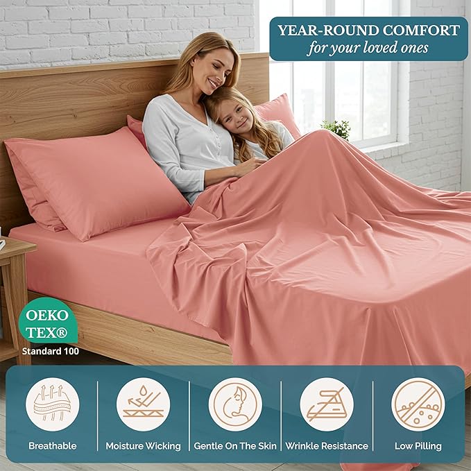 Casa Platino Bedding Sheets & Pillowcases, Pre-Washed Ultra Soft & Breathable Bed Sheets Twin XL, Brushed Microfiber Sheet Set, Fade Resistant Twin XL Size Sheets Set with Deep Pockets - Rose Dawn