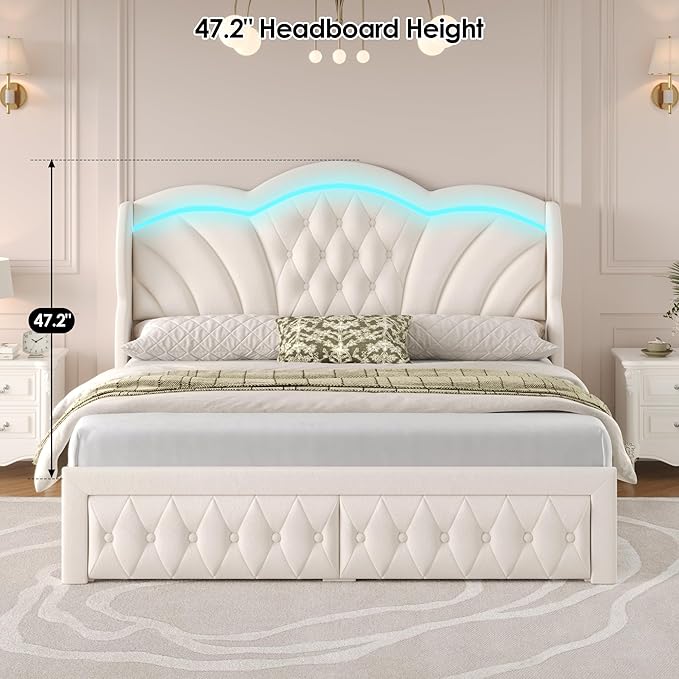 Keyluv Full Bed Frame Arc-Shaped LED Lights and 47.2" Height Wingback Bed, Button Tufted Headboard and Footboard with Storage Drawer, Velvet Upholstered Platform Bed Frame No Box Spring Needed, Beige