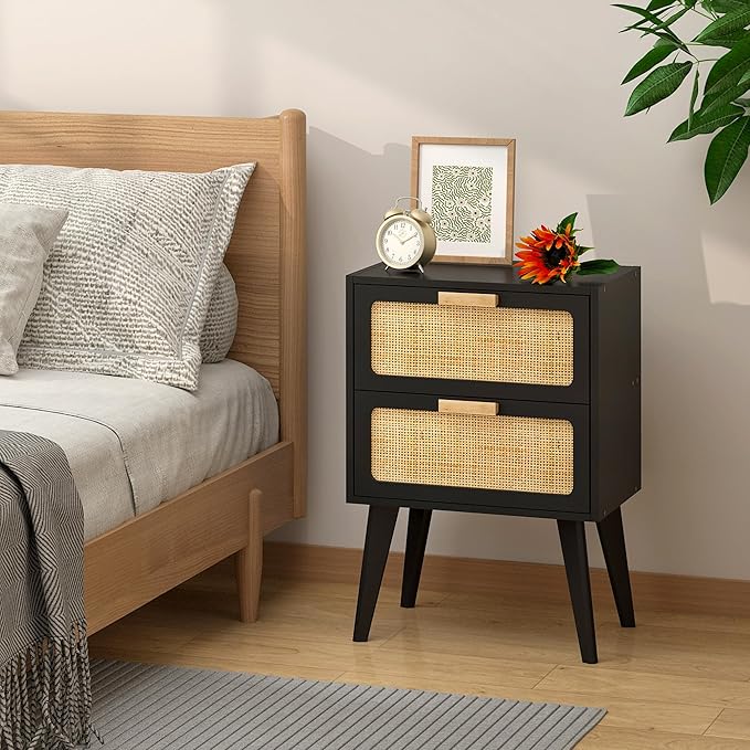 YAUKOMEL Rattan Nightstand, Wood End Table, Side Table with 2 Hand Made Rattan Decorated Drawers,Boho Bedside Table,Wood Accent Table with Storage for Livingroom, Bedroom, Black CTG59B