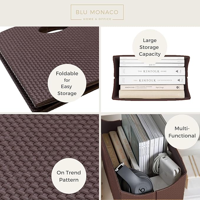 BLU MONACO | Brown Woven Leather Magazine Holder | Storage Basket with Handles for Office Living Room or Bathroom | Vertical Magazine File Organizer