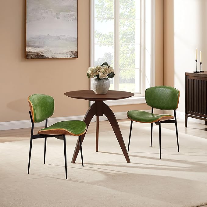 Art Leon Dining Chairs Set of 4 - Walnut Bentwood, Mid Century Modern Dining Room Chairs, Faux Leather Upholstered Desk Chair with Black Metal Legs, Green