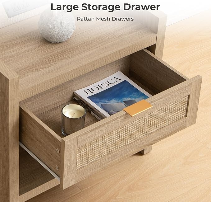 SICOTAS Rattan Nightstands Set of 2 Bedside Table - Boho Night Stand with Type-C Charging Station, Wicker Decor Drawer Storage End Table Night Stands for Bedroom - Light Oak