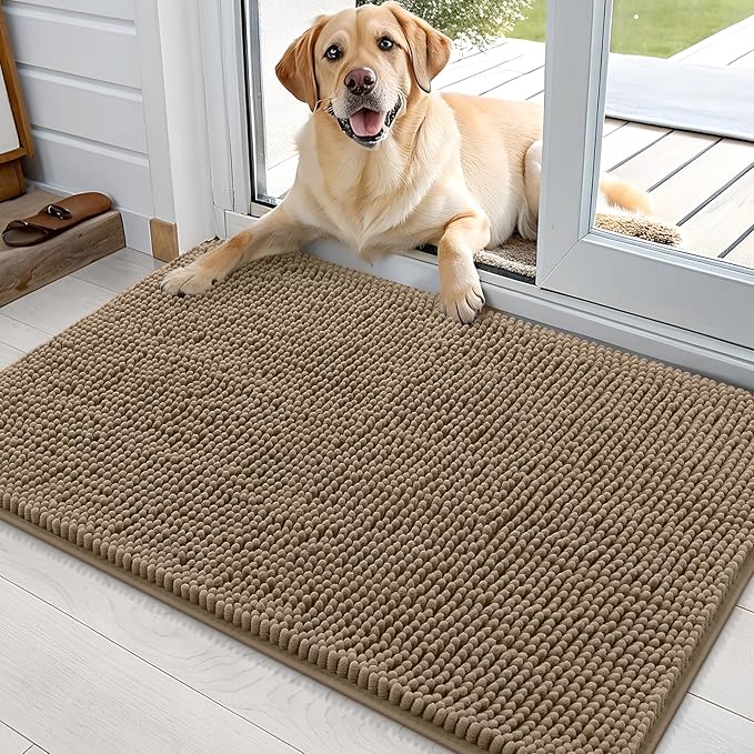 OLANLY Dog Door Mat for Muddy Paws 35x24, Absorbs Moisture and Dirt, Absorbent Non-Slip Washable Doormat, Quick Dry Chenille Mud Mat for Dogs, Entry Indoor Entryway Carpet for Inside Floor, Tan