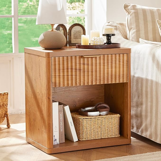LEYAOYAO Fluted Farmhouse Nightstand Set of 2 with Charging Station, 23" Wide 1 Drawers Night Stand,Brown Dresser for Bedroom,Bed Side Table Chest of Drawers,Wood End Table for Living Room