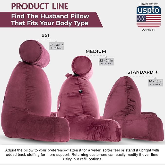 Husband Pillow Aspen Sliding Raspberry, Reading Pillow Bed Rest Chair, Two-Sided Reversible Fabric, Large Lounge Cushion Adult Backrest with Arms, Comfy Back Support for Sit Sitting Up, Washable Cover