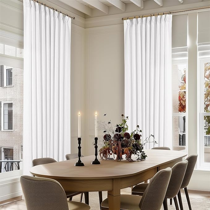 Snow White Pinch Pleated Linen Curtains 1 Panel for Living Room Bedroom Memory Training Shaped Semi Sheer Pleat Drapes with Hooks Rings Light Filtering Window Curtain 60x108