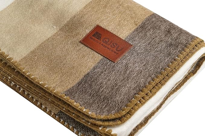 QISU Alpaca Wool Blanket Throw | Large, Beautiful, Warm, Stripes | 85 x 65 inches | Ultra-Soft, Hypoallergenic and Breathable | Non-Itchy or Scratchy Fabric (Camel Thick Stripe)
