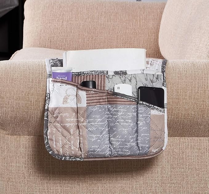 Brilliant Sunshine Paris and Toile Floral Patchwork Couch Armrest 5 Pockets Organizer, Slip Resistant Armchair Caddy, Washable Remote Controls Holder, Storage for Magazine, Tablet, 35×13", Latte Grey