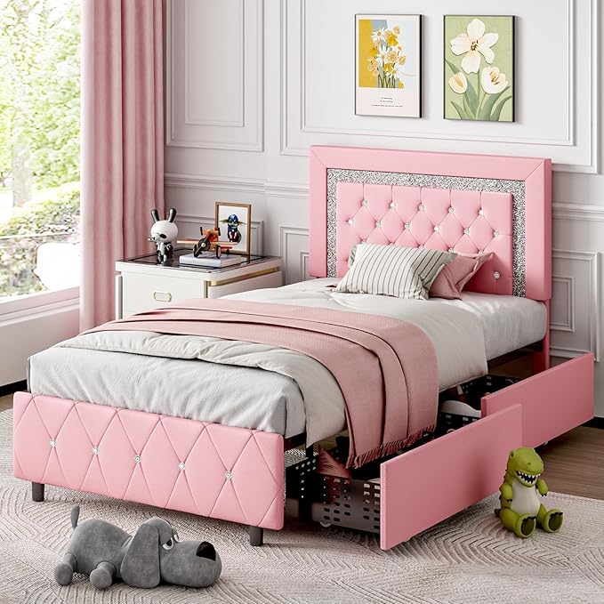 BarnFurin Twin Bed Frame with LED Lights and Storage Drawers, Upholstered Platform Bed with Diamond Headboard, Faux Leather Princess Platform Bed, No Box Spring Needed, Easy Assembly, Pink