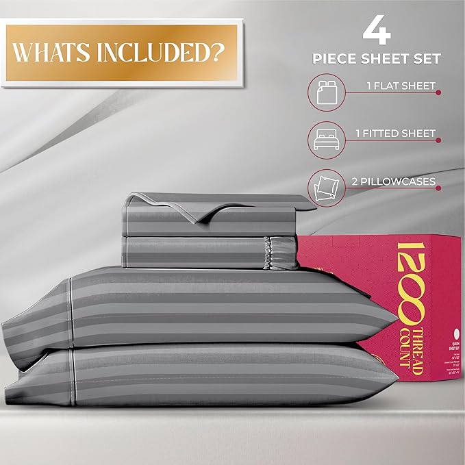 Mayfair Linen 100% Egyptian Cotton Sheets King Size - 1200 Thread Count King Size Sheets Set Egyptian Cotton, 4 PC Damask Luxury Bedsheet, Soft Cooling, 17" Deep Pocket Sateen Weave - Silver Stripe