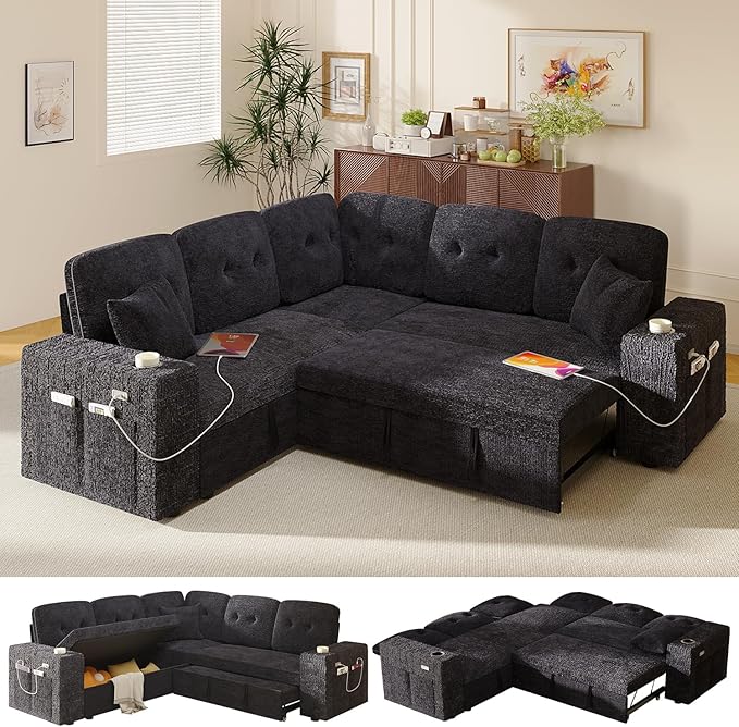 Modular Sectional Sleeper Sofa with Pull Out Bed, L Shaped 5 Seat Sectional Couches for Living Room, 84 Inch Sofa Bed with Adjustable Backrest | Hidden Storage | Wide Armrest | Navy Blue