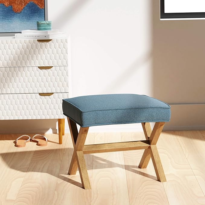 Amazon Basics Small Ottoman Foot Rest, Mid-Century Modern X Square Polyester Foot Stool, Indigo Blue, 20"W x 18"D x 18"H