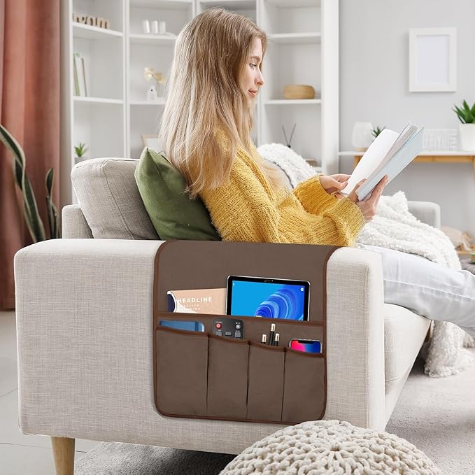 WETRBWEH Remote Control Holder for Armchair, Couch Caddy Organizer TV Remote Holder for Bed Storage 5 Pockets, Remote Caddy Bedside Organizer Bedside Table Organizer (Brown, 35"x12.4")