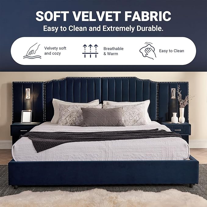 King Size Bed Frame with Storage, Luxury King Platform Bed Frame with Headboard, Velvet Fabric Upholstered Bedframe with LED Lights, Solid Frame & Bedside Table,No Box Spring Needed,Dark Blue