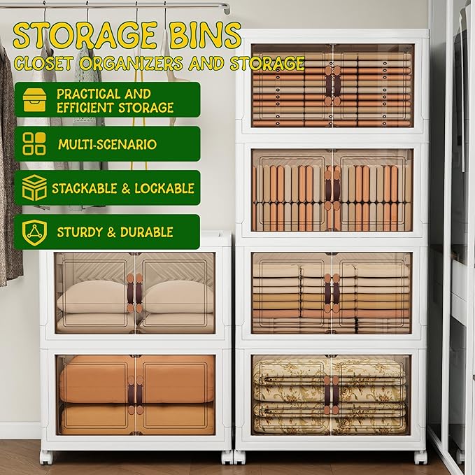Storage Bins with Lids and Wheels, 330QT-165QT*2Tier Collapsible Bathroom Storage Cabinet with Clear Doors, Plastic Stackable Closet Organizers and Containers White
