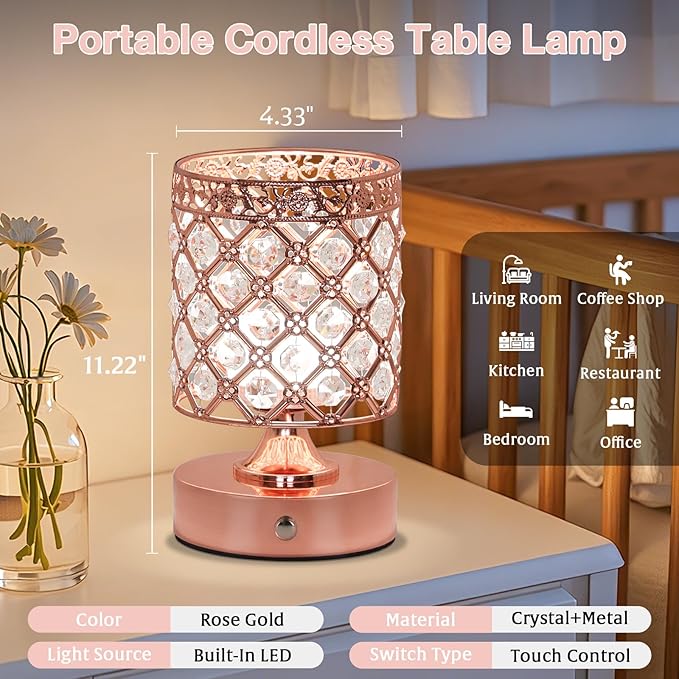 TOBUSA Crystal Rechargeable Cordless Table Lamps Set of 2, Wireless Lamps with 3 Color Temps & Stepless Dimming, Portable 6000mAh Battery Operated Lamps, Rose Gold Small Desk Lamps for Bedroom Bar