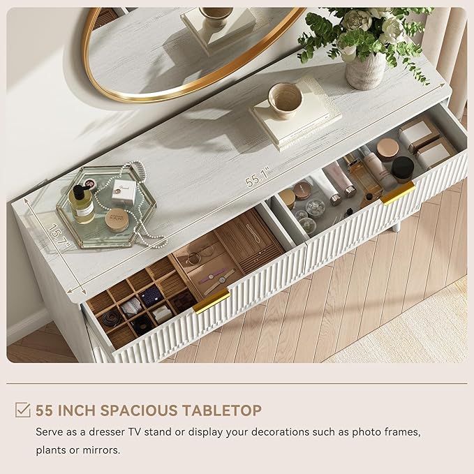 CARPETNAL Fluted 8 Drawer Dresser for Bedroom, 55" Wide Wooden Chest of Drawers with Rounded Corners, Gold Handles, Modern Storage Organizer for Bedroom, Hallway(White)