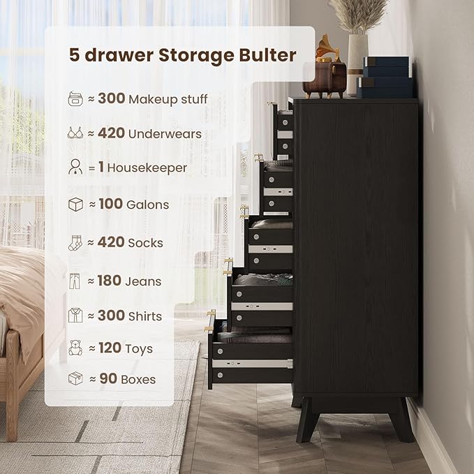 43'' Hight 5 Drawers Dresser for Bedroom,Modern Fluted Vertical Chest with Rounded Corners,Fluted Dresser for Living Room,Hallway, Black
