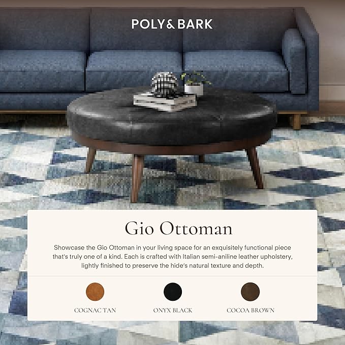 POLY & BARK Gio Ottoman – 30” Round with Feather-Down Topper – Full-Grain Leather Upholstery – Couch Ottoman for Living Room – Italian Leather in Onyx Black