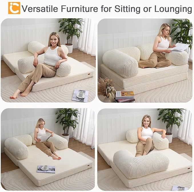 COMAX Folding Sofa Bed Queen, Foldable Couch Bed, Fold Out Futon Chair Sleeper for Adults, Convertible Floor Mattress Sofa for Bedrooom Living Room Guest Room, Faux Fur Light Beige