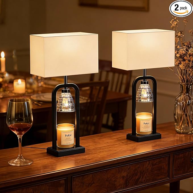 PoKat Table Lamps with Candle Warmer for Bedroom, Farmhouse Bedside Lamps Set of 2 for Night Stands, 21.5'' Bedroom Lamps Decor for Living Room, Bathroom, Dinning, Bulbs Included, Matte Black